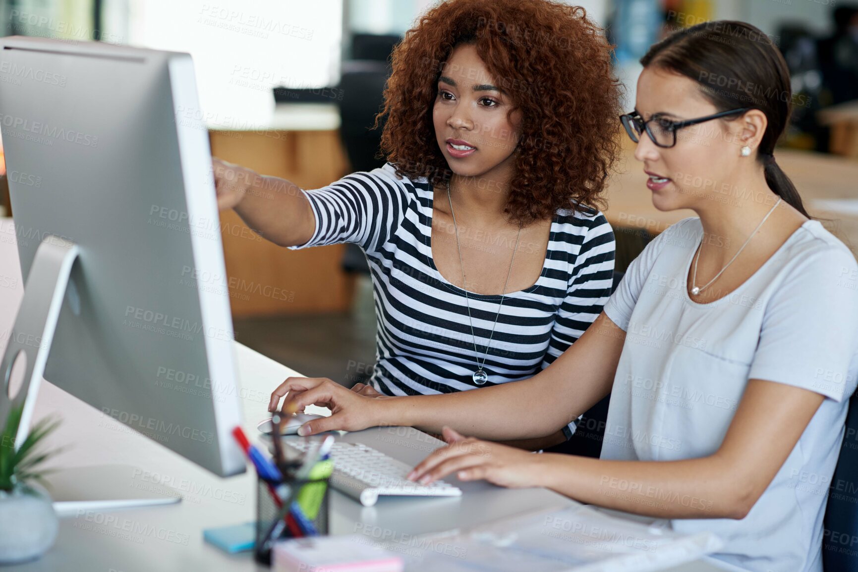 Buy stock photo Women, computer and collaboration in office with explain for communication, project review and discussion. Female worker, manager and tech for online research with teamwork, software check and help
