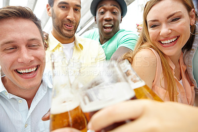 Buy stock photo Beer, happy or friends toast for celebration, party or social gathering at outdoor pub with smile. Holiday vacation, cheers or group of people laughing in restaurant or bar for fun memory or bonding