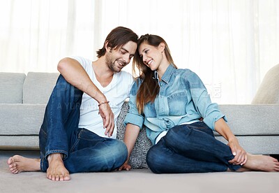 Buy stock photo Couple, apartment and relax in new home with love together in marriage with happiness. Smile, man and woman on sofa in house with pride for investment in real estate, property and care for partner