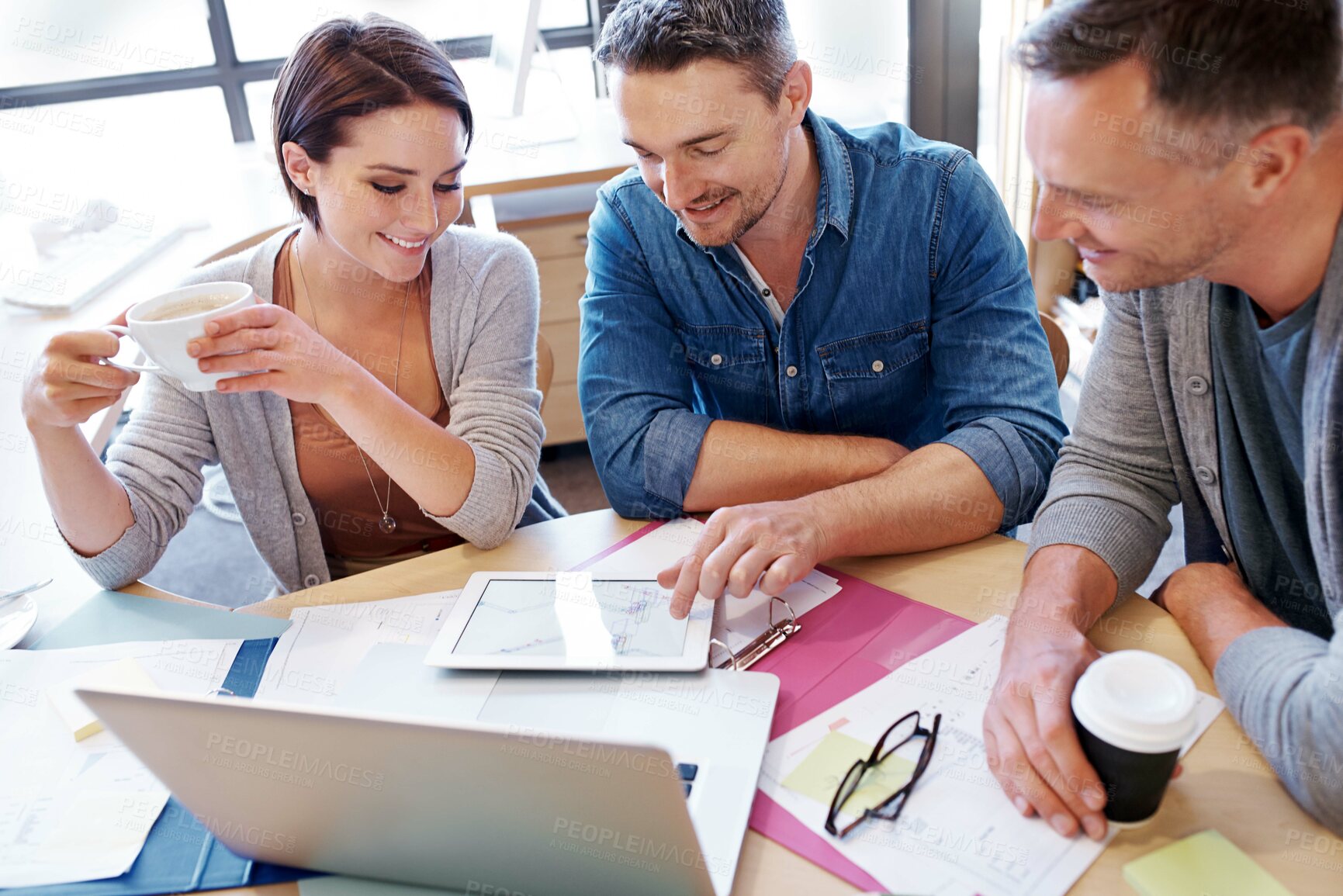Buy stock photo Tablet, architecture blueprint and people in meeting for planning, ideas and engineering design. Collaboration, teamwork or designers speaking for 3d digital project or floor plan on app screen