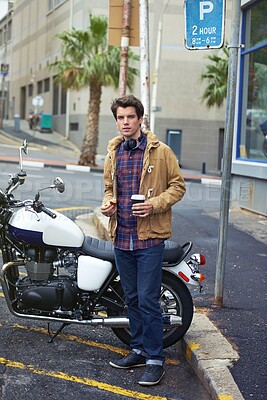 Buy stock photo Outdoor, fashion and portrait of man, street and breakfast in morning, motorbike and confident with headphones. Road, coffee and burger for lunch, chilling and eating in New York, cool and stylish