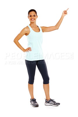 Buy stock photo Fitness, woman and portrait with pointing for promotion in studio with gym launch, exercise deal or coming soon. Person, advertisement or show workout offer or training membership on white background