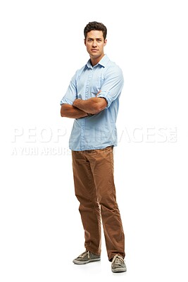 Buy stock photo Serious, man and fashion in studio with arms crossed on white background with style and outfit . Male person, portrait and assertive or satisfied with confidence in comfortable clothes and isolated