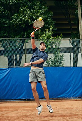 Buy stock photo Man, racket and play in outdoor tennis match, game and court for competition or practice. Male person, athlete and sports for training or exercise, workout and hobby for action and health fitness