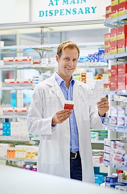 Buy stock photo Pharmacy, portrait or happy man with prescription for medicine inventory, management or drugs in wellness store. Paper, box or pharmacist reading note for medication stock, product or health services