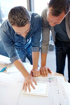Buy stock photo Architect, teamwork or tablet with blueprint design for industrial architecture or building development. Engineer, men or digital floor plan for project layout, construction review or home renovation