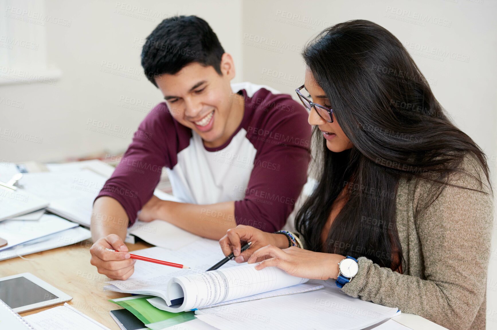 Buy stock photo Education, students and reading in university for studying, learning and brainstorming at table. Happy man, woman and together with books for teamwork, exam preparation and development in college