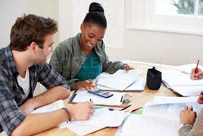 Buy stock photo Friends, students and calculator in university for learning, knowledge or math test preparation. College, happy team and people studying for information, education or help with book for exam in class