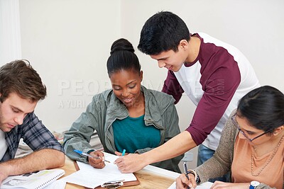 Buy stock photo Group, students and help in college for education, knowledge or writing notes together for test. University, friends and happy people studying for information, learning and exam preparation in class