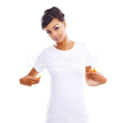 Buy stock photo African woman, studio and portrait for fashion or vegan with statement, tshirt with announcement for health. Female model, clothes and white background for consumer awareness, vegetables for diet