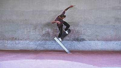 Buy stock photo Culture, skateboard and wall with man at park for urban, extreme sports and trick flips. Street league, balance and fitness with person and skating for grind in city with youth, energy and hobby