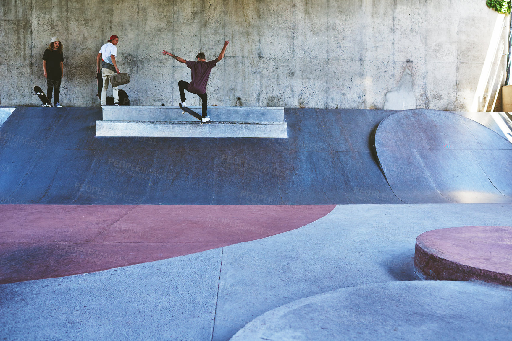 Buy stock photo Culture, skateboard and ramp with man at park for urban, extreme sports and trick flips. Street league, balance and fitness with person and skating for grind in city with youth, energy and hobby