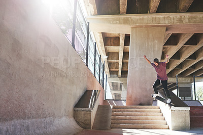 Buy stock photo Skateboard, city and man on steps for trick in air for jump stunt, practice and energy in New York. Sports, skater and male person with flip on concrete for outdoor talent, skill competition or hobby