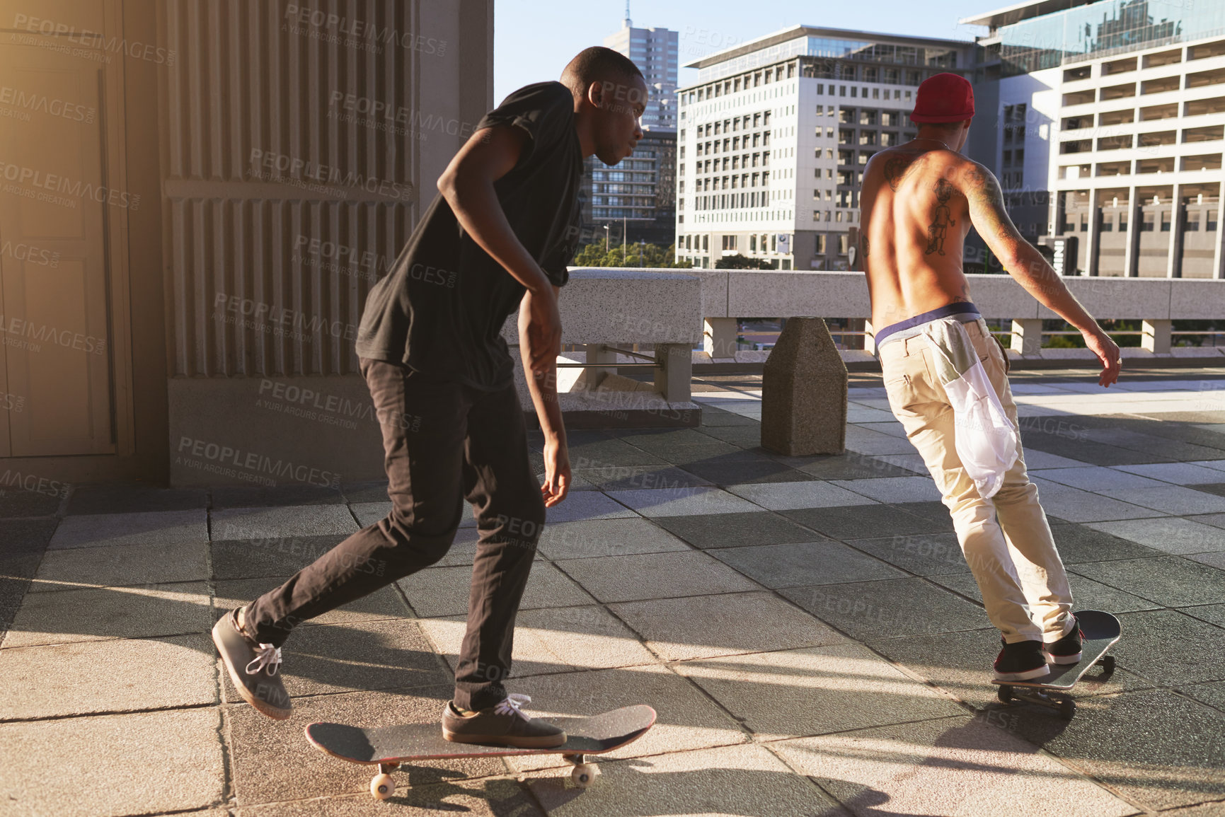 Buy stock photo Training, city and group with skateboard, practice and skating for competition on road, edgy and outdoor. Fitness, together and people with equipment for game, urban and athlete with hobby on street