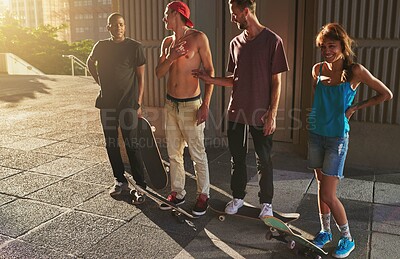 Buy stock photo Training, fitness and group with skateboard, street and practice for competition on road, edgy and outdoor. Sports, together and people with equipment for game, urban and athlete with hobby in city