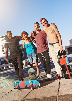 Buy stock photo Portrait, people and skateboard for fitness in city of bonding together, streetwear and exercise. Group, friends and gear of sports practice, activity performance and summer fun for adventure in town