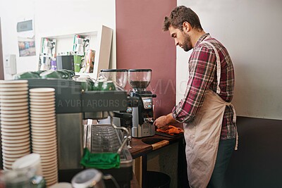 Buy stock photo Man, barista and machine in morning in coffee shop with preparation for order, service and catering. Person, server or waiter in cafe for drink, tea or espresso with idea, job and helping in Italy