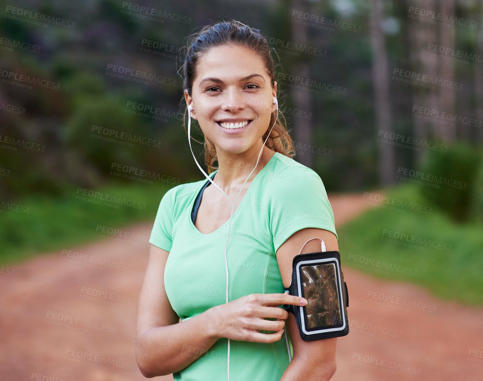 Buy stock photo Woman, portrait and training with music for running, exercise or workout for healthy body. Athlete, wellness and happy listening in headphones, radio or podcast for cardio fitness for marathon