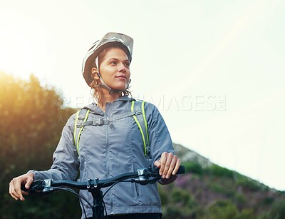 Buy stock photo Thinking, woman and mountain bike for adventure, fitness and cycling sports for journey in outdoors. Person, athlete and bicycle for exercise in nature, sky mockup space and training for competition