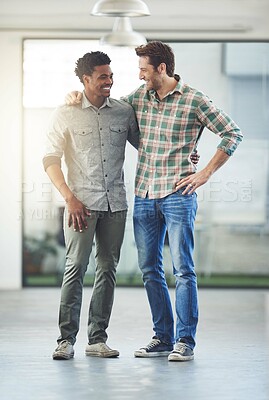 Buy stock photo Talking, hug and business men in office with support for collaboration, partnership or teamwork. Lens flare, event planning and employees with embrace in workspace for conversation, trust or unity