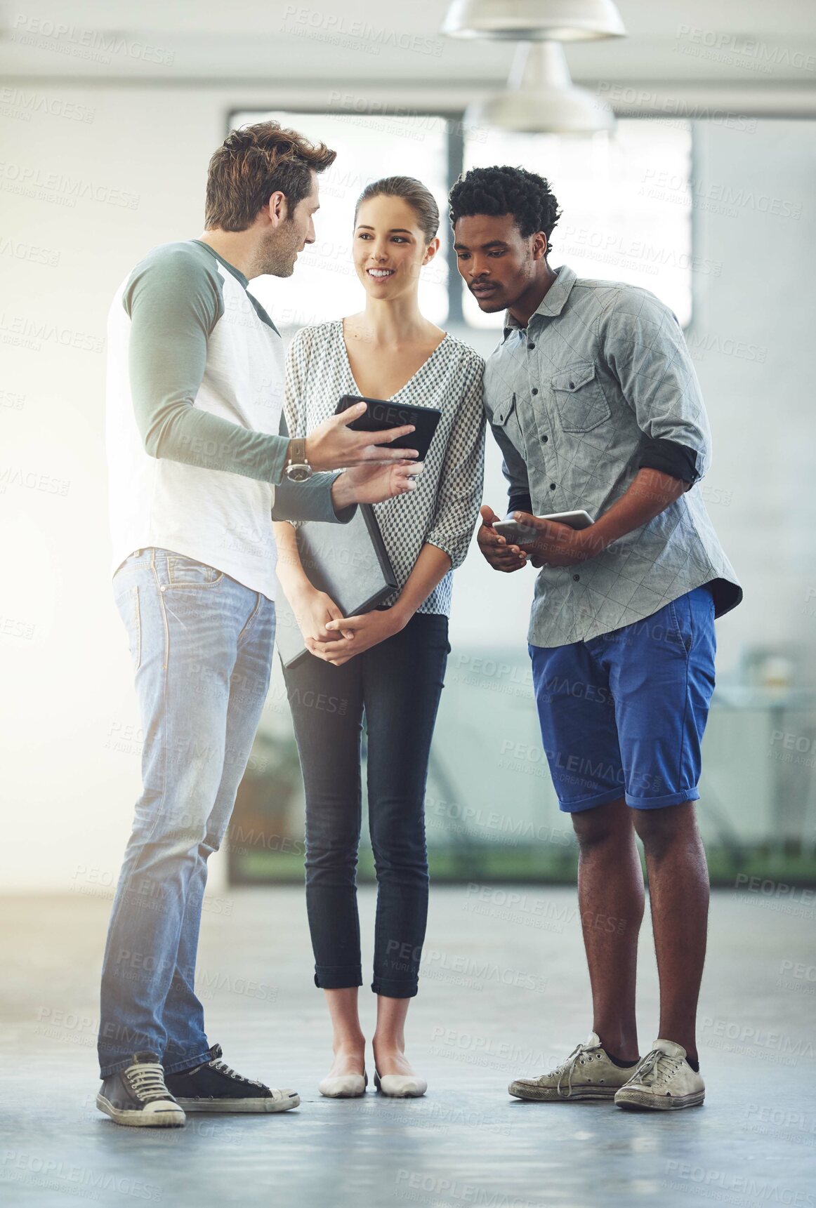 Buy stock photo Business, people and creative company with tablet, research discussion and together or online project in web design. Ideas, professional and brainstorming strategy in foyer, startup and collaboration