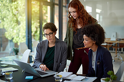 Buy stock photo Business people, startup or laptop for planning in meeting for online website, research or strategy. Notes, women or designers in office for teamwork, collaboration or creative ideas on technology