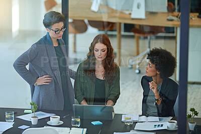 Buy stock photo Women, laptop or teamwork startup meeting for brainstorming, agency research or planning together. Glass, partnership or group of designers with discussion, collaboration and creative project ideas