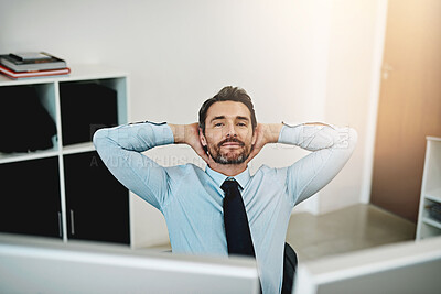 Buy stock photo Business man, portrait and stretching at office desk for accounting, finance and startup or budget solution. Accountant, broker or worker on a break, done or relaxing with smile for confidence in job