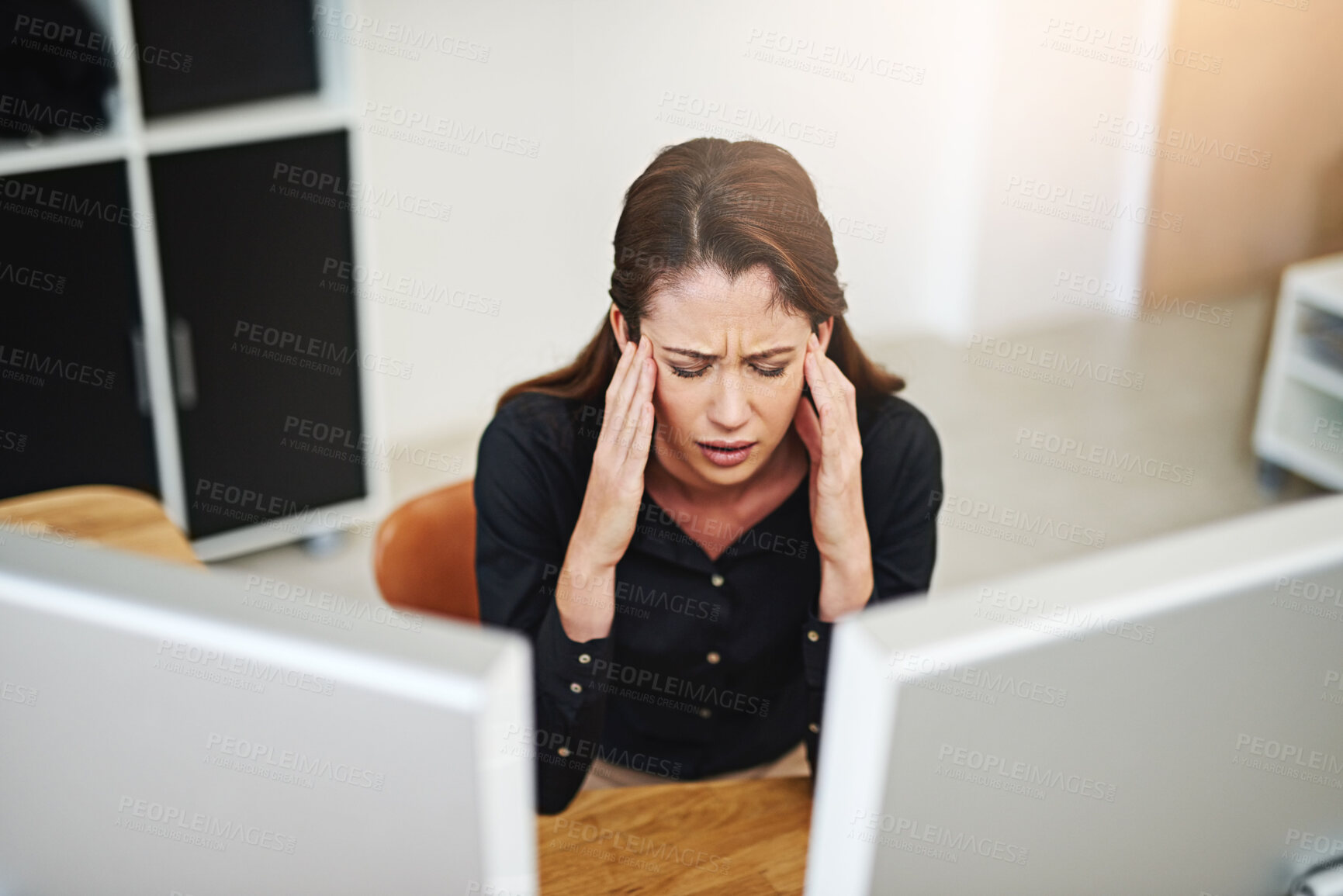 Buy stock photo Business woman, computer and headache in office for information technology, software or online programming. Programmer or web developer with pain, migraine or stress for app crash, error or mistake