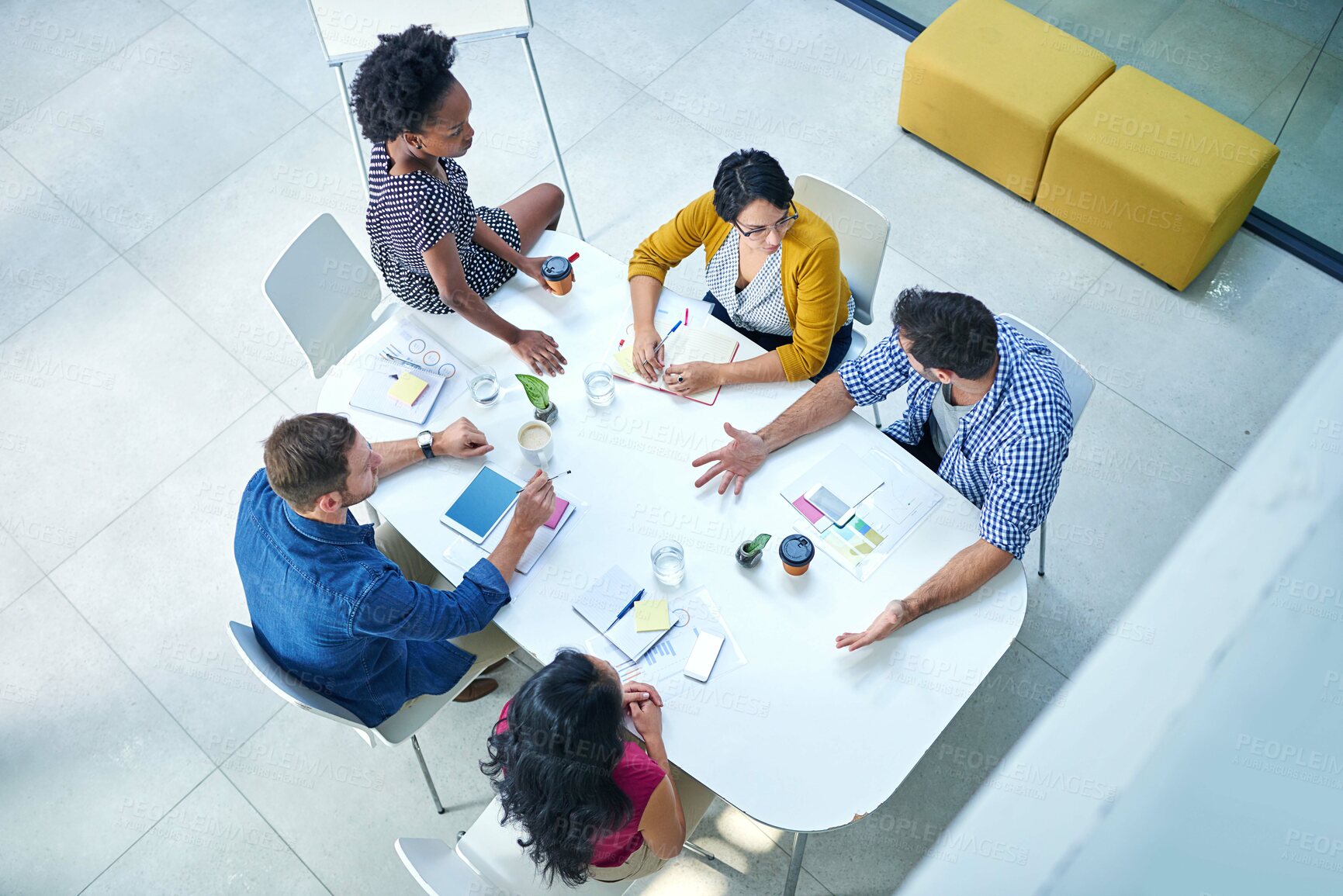 Buy stock photo Coworking, office and above creative people in meeting with team planning a project or collaboration. Group, discussion and support for ideas in conference room, workshop feedback and productivity