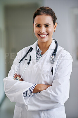 Buy stock photo Smile, portrait and doctor with stethoscope in hospital, clinic and wellness facility with confidence in medical career. Female person, cardiologist and healthcare professional with trust and help