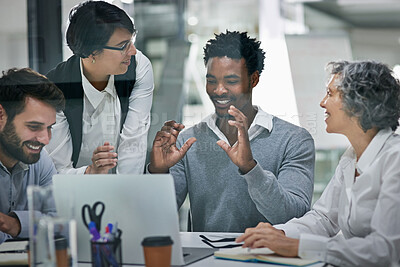 Buy stock photo Business people, laptop and coaching with team in diversity, collaboration or project for creative startup at office. Group of employees working on computer for brainstorming discussion at workplace