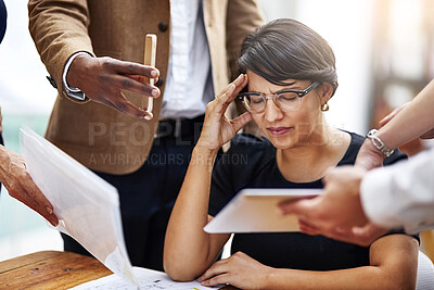 Buy stock photo Busy, multitask and stress with business woman in office for administration, deadline or management. Anxiety, hands and headache with mature manager in creative workplace to balance responsibility 