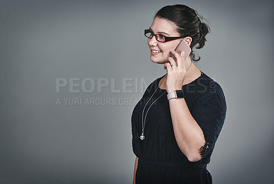 Buy stock photo Phone call, smile and creative with business woman for virtual stylist, fashion consultant and client brief. Costume designer, wardrobe assistant and contact with person on gray background space