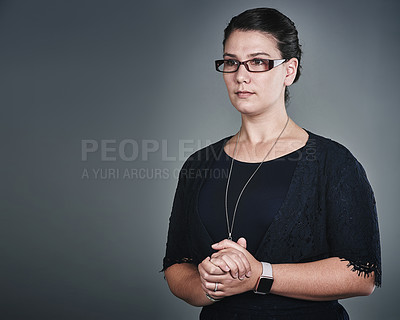 Buy stock photo Thinking, vision and business woman in studio for problem solving, planning or insight on gray background. Creative idea, serious worker or reflection, mindset or editor with decision on mockup space