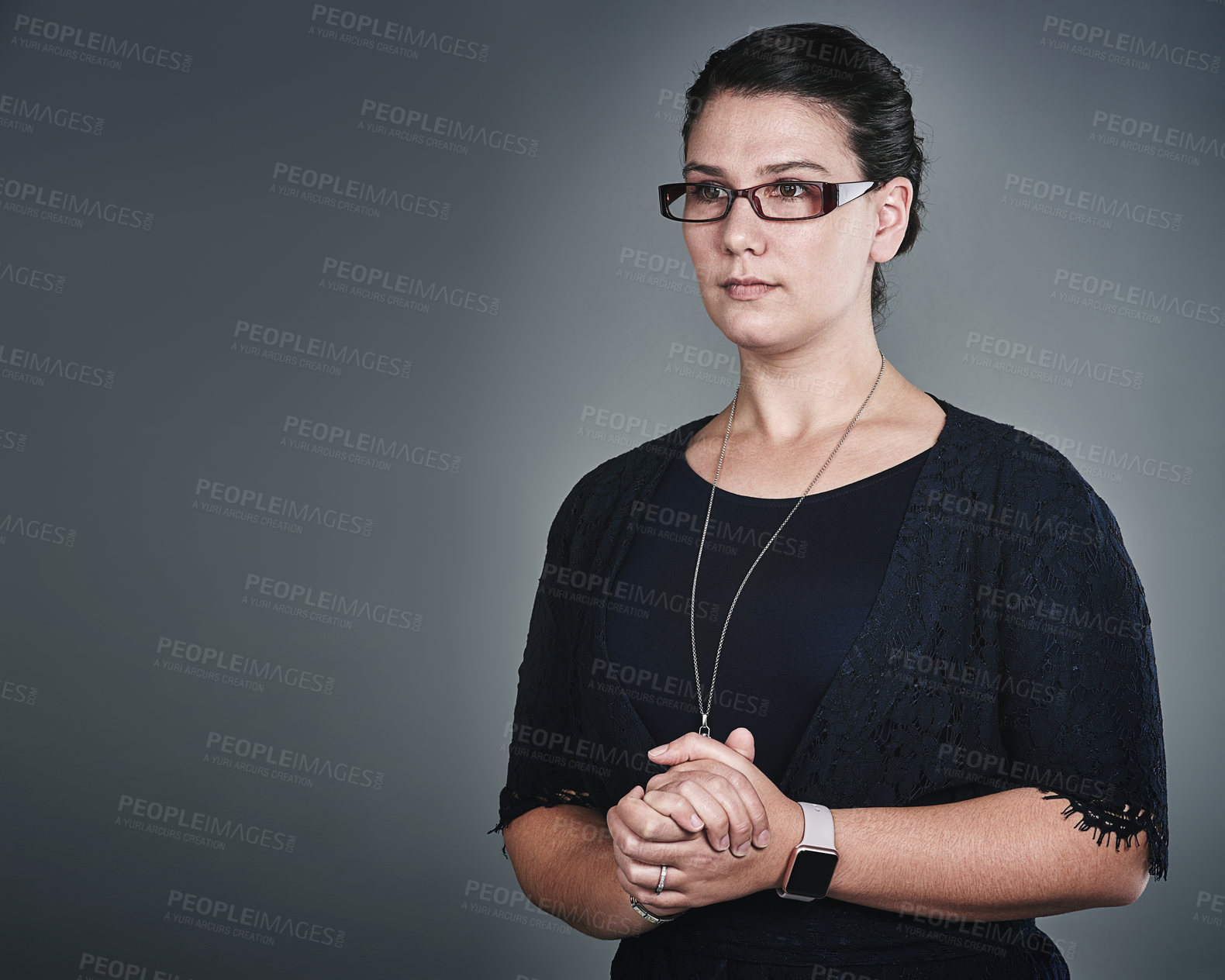 Buy stock photo Thinking, vision and business woman in studio for problem solving, planning or insight on gray background. Creative idea, serious worker or reflection, mindset or editor with decision on mockup space