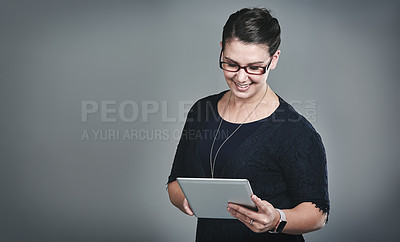 Buy stock photo Business woman, tablet and happy in studio, scroll and notification with mock up space by background. Person, digital touchscreen and smile for deal, application and contact for networking on web