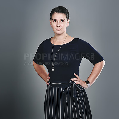 Buy stock photo Portrait, business and woman for pride in studio for fashion, career ambition and designer experience. Female person, confident and clothes advice for startup growth, mockup space and grey background
