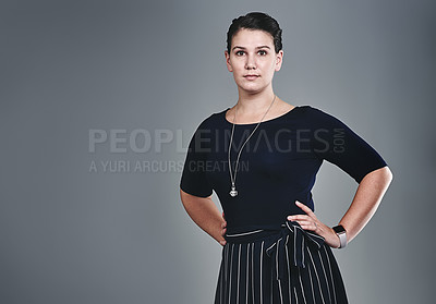 Buy stock photo Proud, business and woman for portrait in studio for fashion, career ambition and designer experience. Female person, confident and clothes advice for startup growth, mockup space and grey background