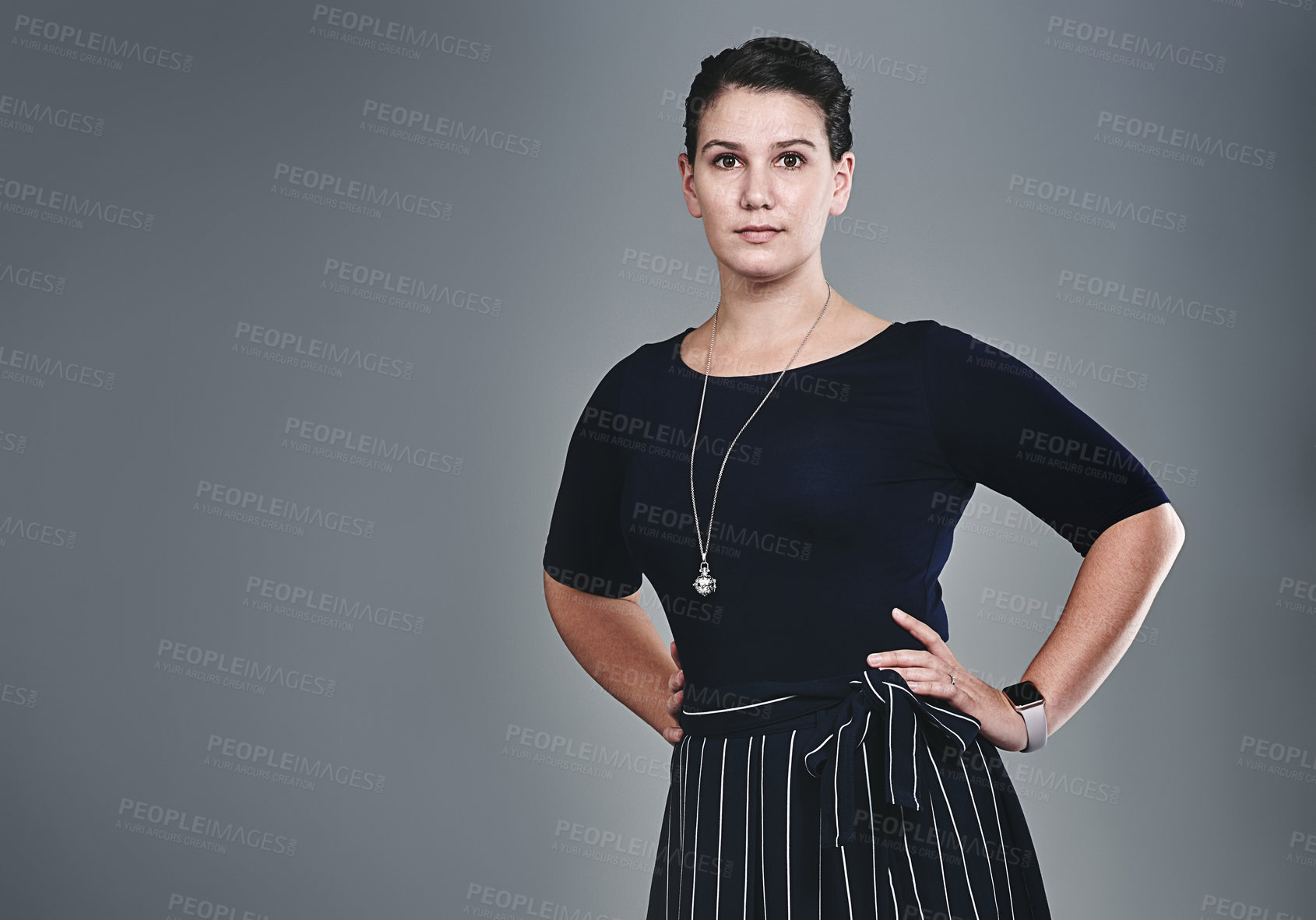 Buy stock photo Proud, business and woman for portrait in studio for fashion, career ambition and designer experience. Female person, confident and clothes advice for startup growth, mockup space and grey background