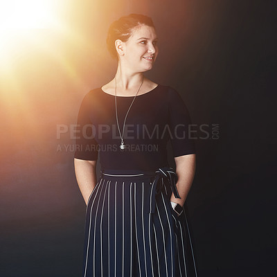 Buy stock photo Dark background, smile and thinking with business woman in studio for idea, planning or vision. Flare, hope and wonder with happy professional employee person for inspiration, solution or opportunity