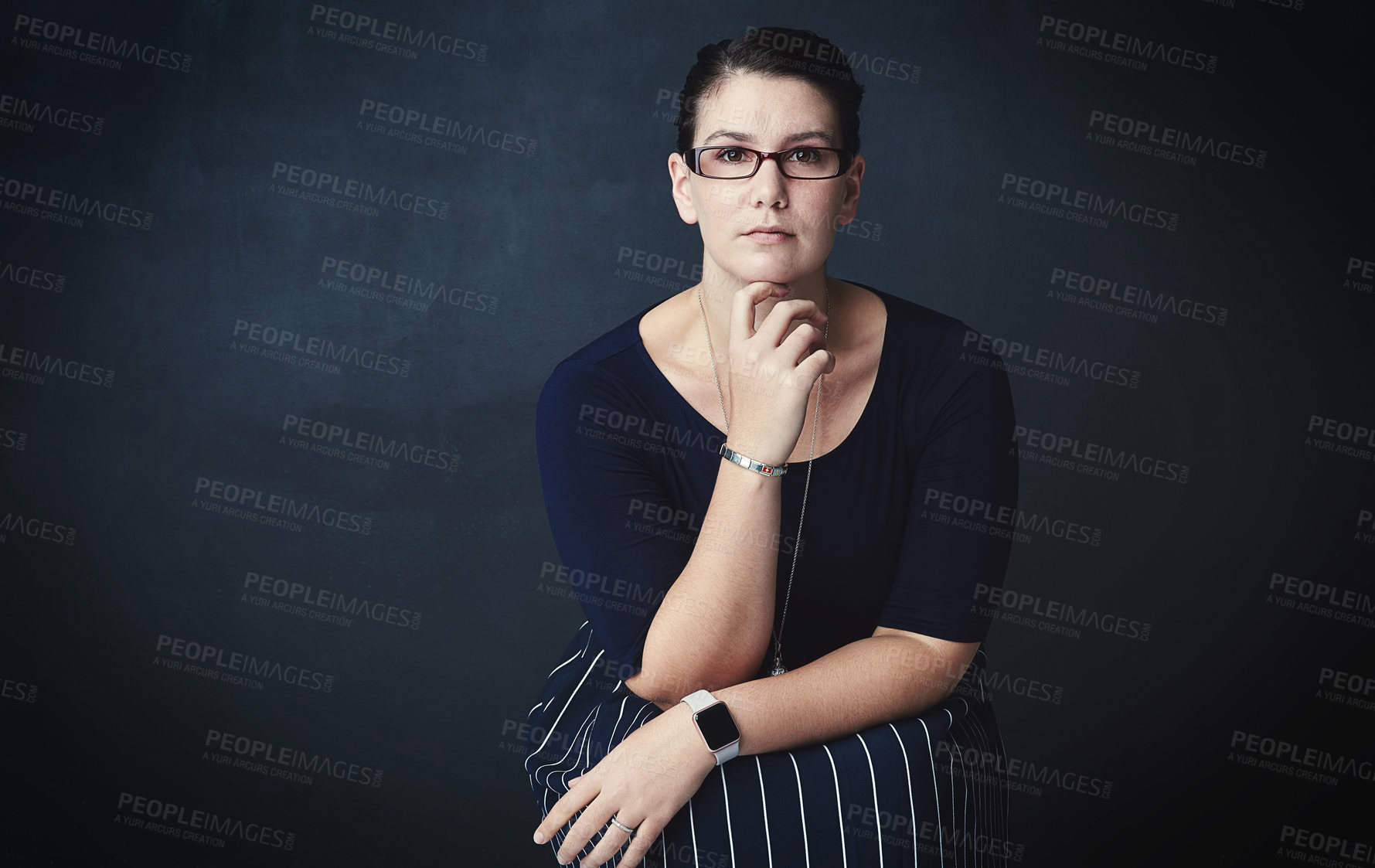 Buy stock photo Business woman, portrait and confidence with glasses in studio for creative design on a dark background. Serious, female person or thoughtful designer with idea, fashion or accessory on mockup space