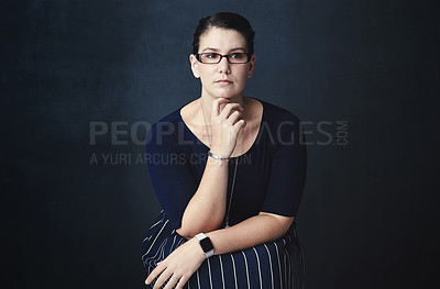 Buy stock photo Business woman, thinking and decision in studio for project, career and perspective by dark background. Person, reflection and glasses with insight for choice, memory or inspiration for creative job