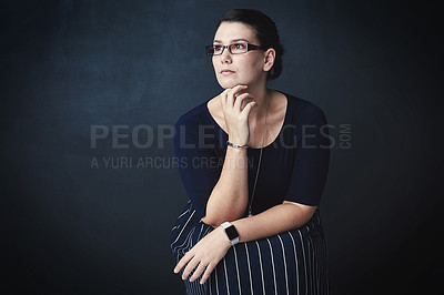 Buy stock photo Business, woman and confident for thinking in studio for decision, policy choice and administration. Female person, planning and glasses with legal solution, management experience and dark background