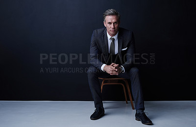 Buy stock photo Portrait, mature and businessman in studio for fashion, corporate project and attorney for law firm. Mockup space, male person and lawyer with legal aid for justice, court case and dark background