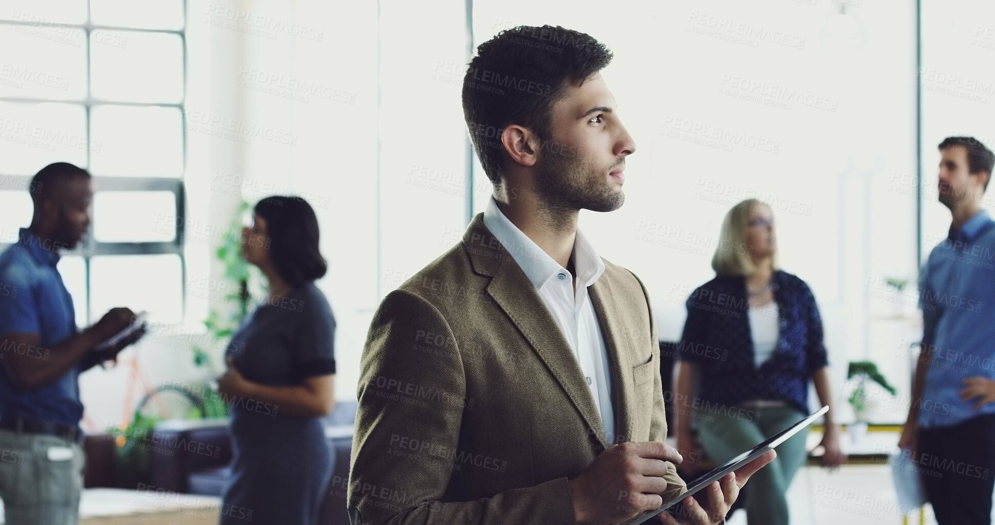 Buy stock photo Tablet, research or business man thinking of social network feedback, customer experience review or ecommerce idea. Brand monitoring, online database or media worker review of online survey analytics