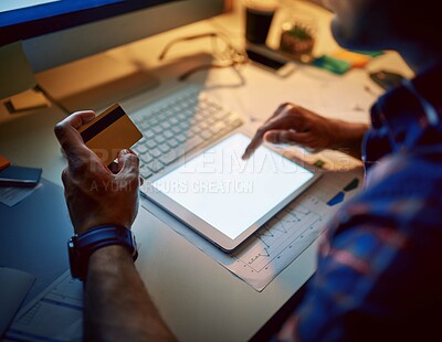 Buy stock photo Night, hands and credit card with tablet screen in online payment for subscription or fintech. Person, working late and technology for e commerce, internet or transaction as employee in mockup space