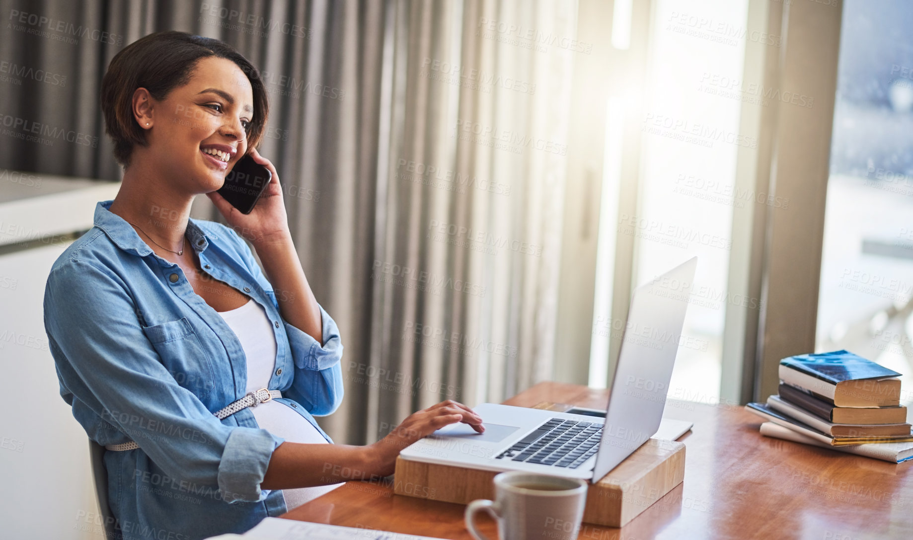 Buy stock photo Woman, phone call and laptop for remote work in home, part time freelancer and online for copywriting. Research, business discussion and prepare clients for maternity leave, pregnant and planning
