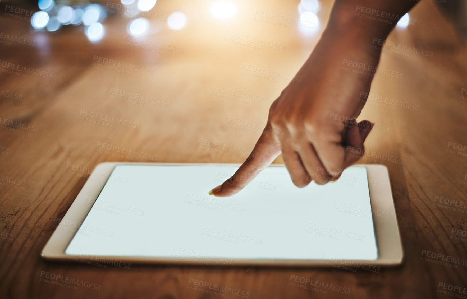 Buy stock photo Blank space, hand and person with tablet screen in office for research on creative magazine blog feedback. Editorial, click and copywriter with mockup digital technology for online article review.