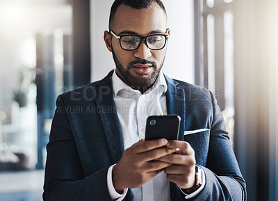 Buy stock photo Phone, office and business man typing for investment update, revenue report and email message. African person, mobile and corporate communication on app for schedule, profit or reading financial news